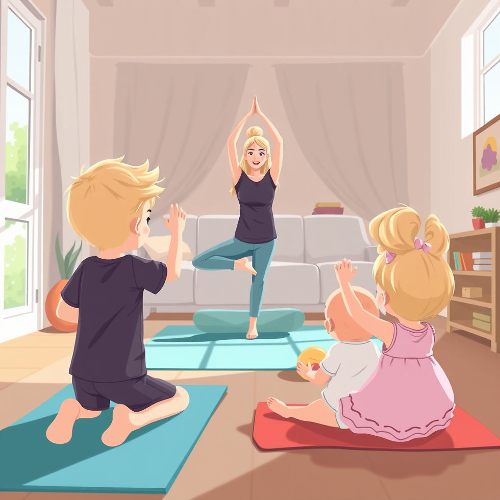 A mother doing yoga while her three children are watching her exercise.