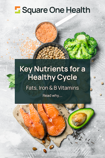 A flat lay of healthy foods, including salmon, avocado, broccoli, and legumes, visually representing key nutrients for hormonal health. An overlay reads, "Key Nutrients for a Healthy Cycle," with the subtext, "Fats, Iron & B Vitamins."