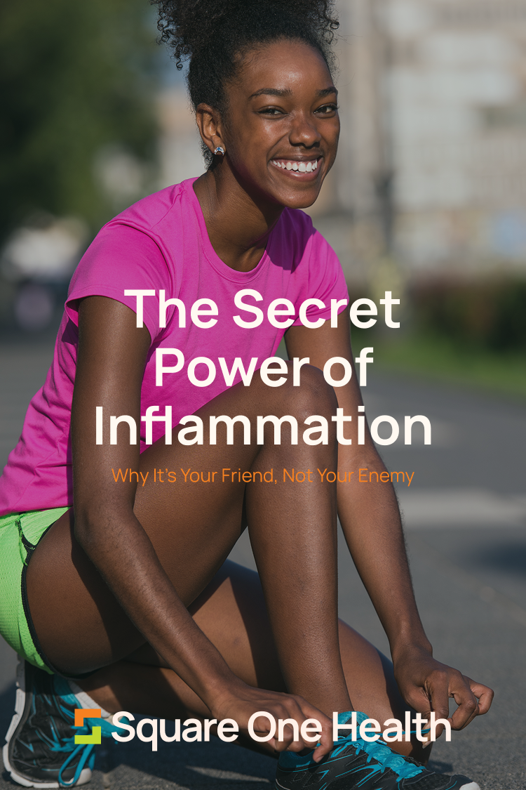 A smiling woman in athletic wear tying her running shoe outdoors. An overlay graphic displays the title, "The Secret Power of Inflammation," with the subtitle "Why It's Your Friend, Not Your Enemy," which illustrates the blog post.