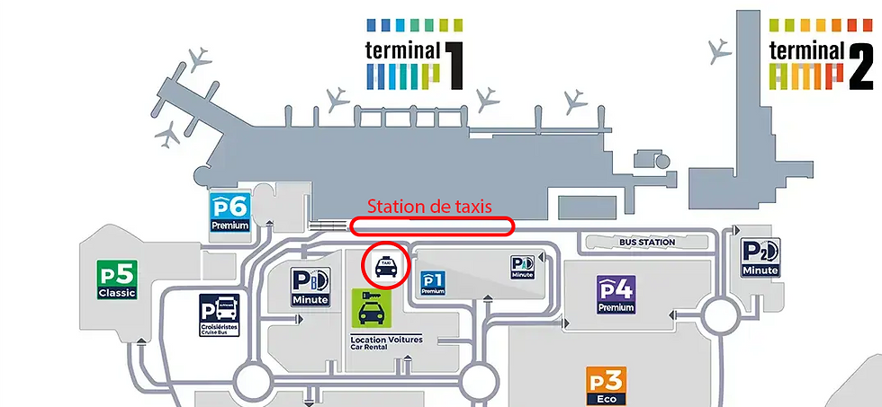 Airport map showing Terminal 1 and Terminal 2, parking areas, and a red-circled taxi station labeled Station de taxis.
