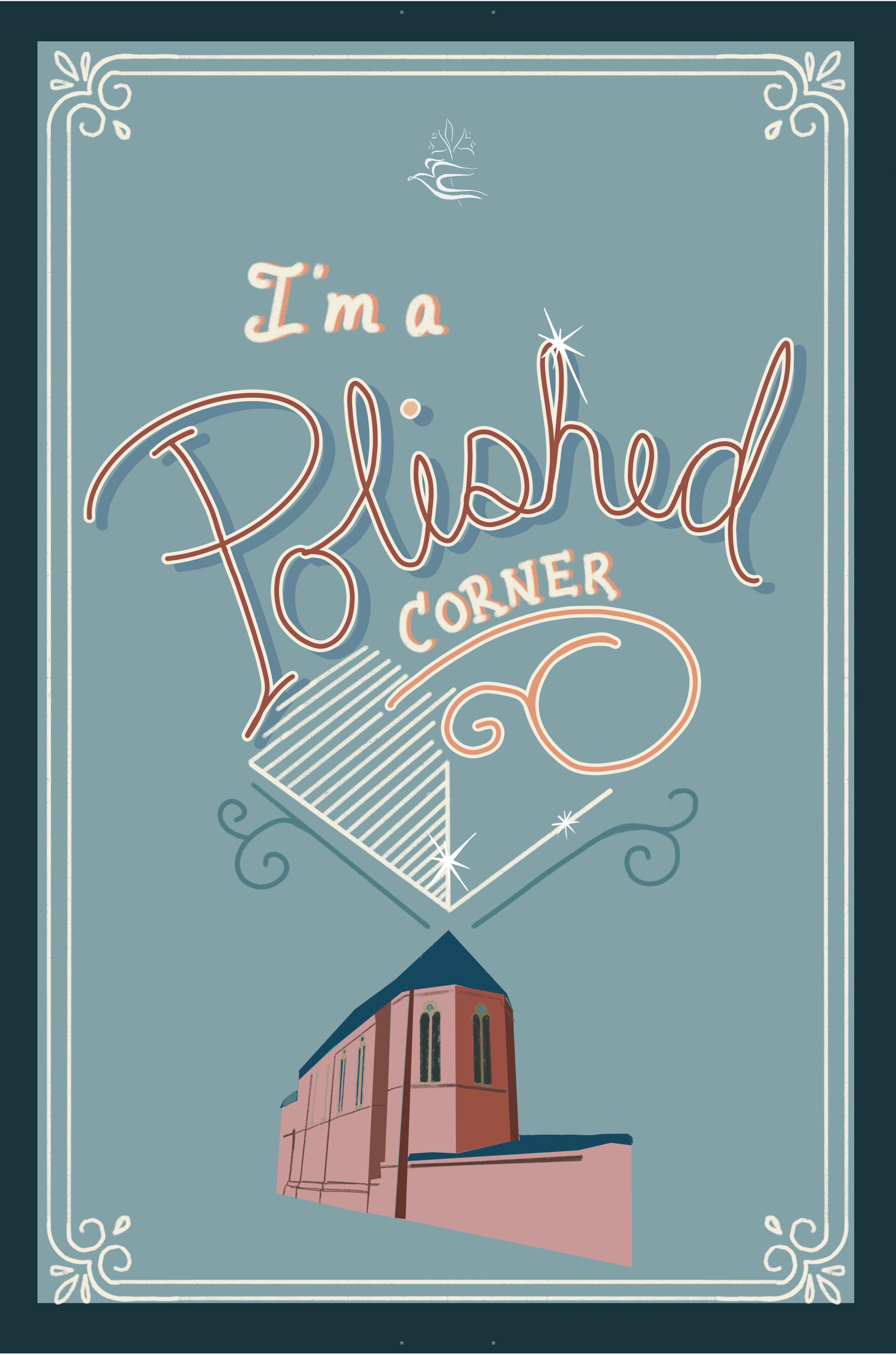 I'm a Polished Corner text with building, diamond illustration and blue background.