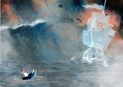Pirate ghost ship sailing rough seas during a storm. Lisa Hand Illustration.
