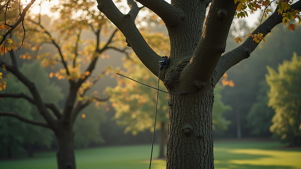 Wide angle view of a tree being pruned