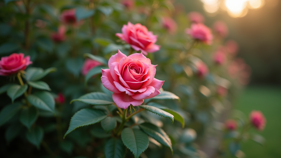 Close-up view of a well-pruned rose bush
