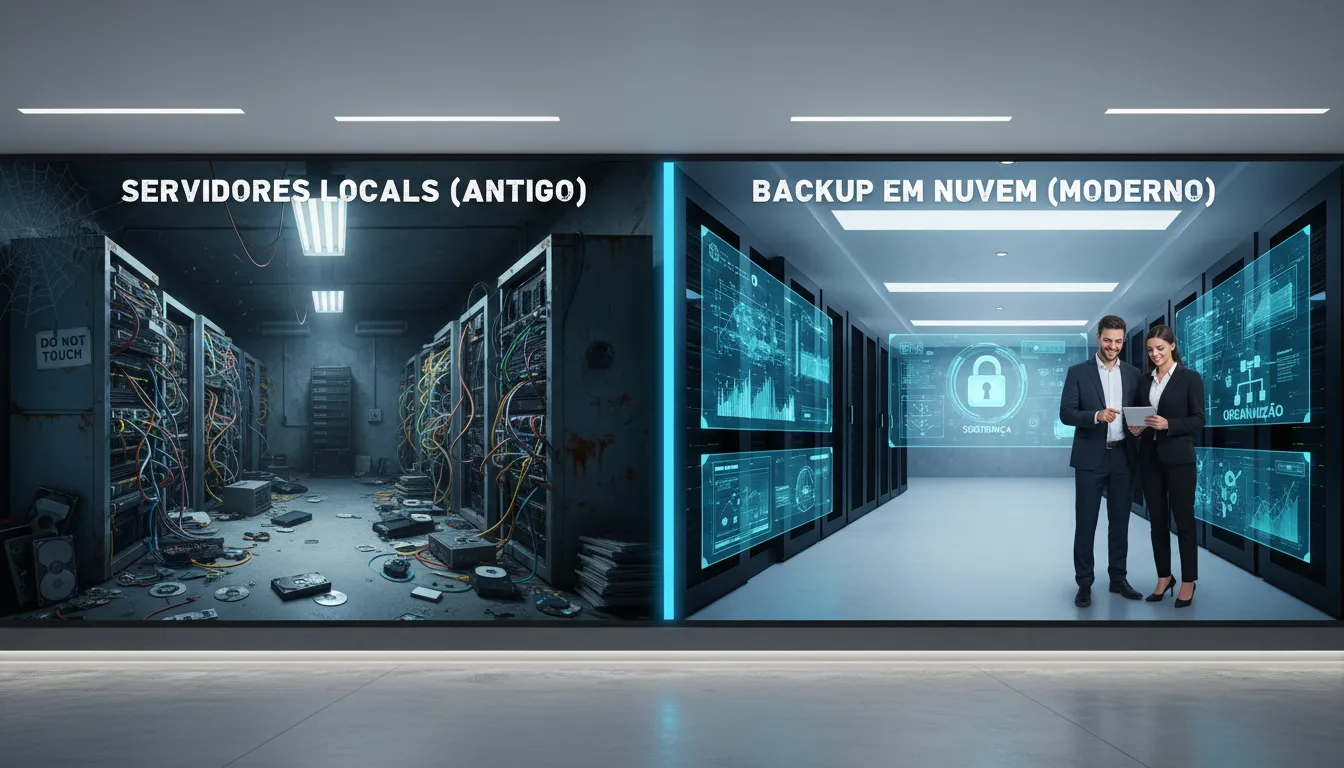 Comparação visual entre backup local tradicional e backup corporativo em nuvem em escritório.