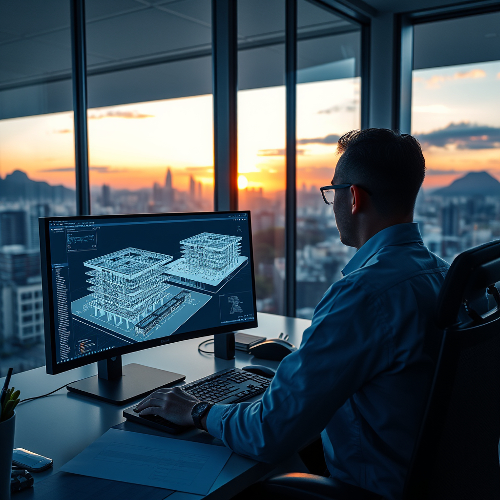 Engenheiro civil no Rio de Janeiro analisando projeto em workstation de alta performance com holograma de rede segura e o Pão de Açúcar ao fundo.