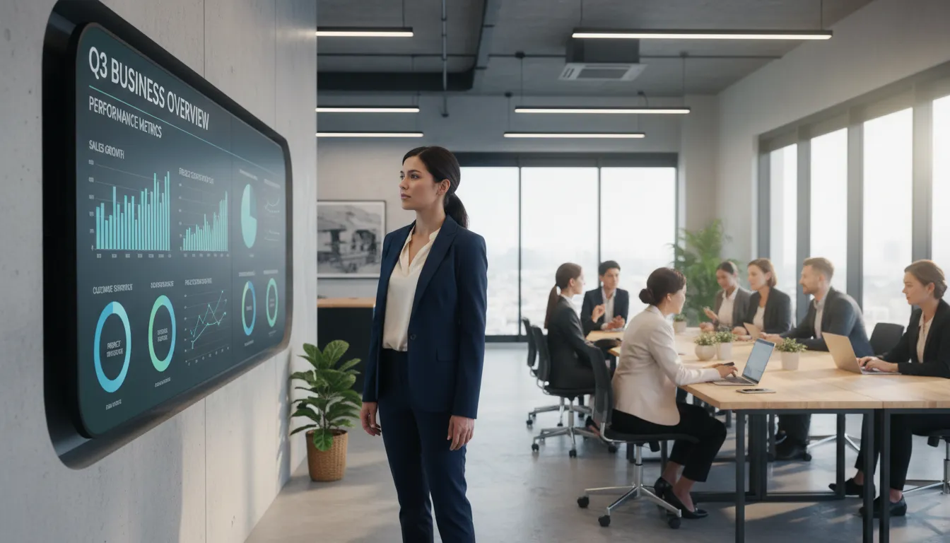Gestora monitora métricas digitais enquanto equipes colaboram em ambiente de trabalho eficiente.
