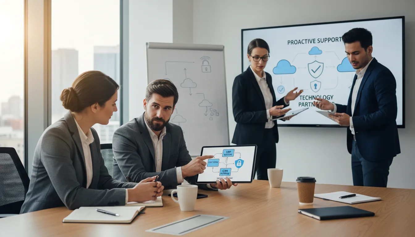 Empreendedores e consultores de TI discutem implantação de ERP e CRM, destacando parceria estratégica.