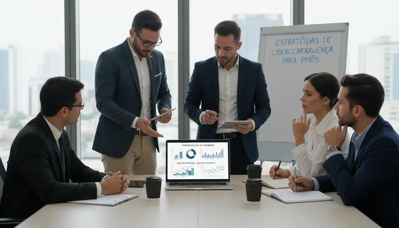 Consultores de TI orientando gestores sobre estratégias de segurança da informação em pequena empresa.