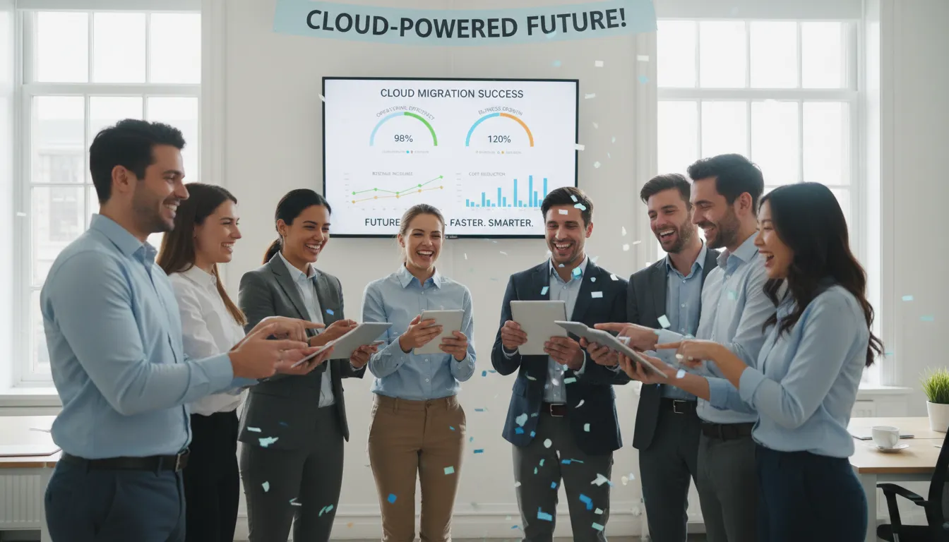 Equipe de pequena empresa comemorando motivos de eficiência após adoção de soluções em nuvem.