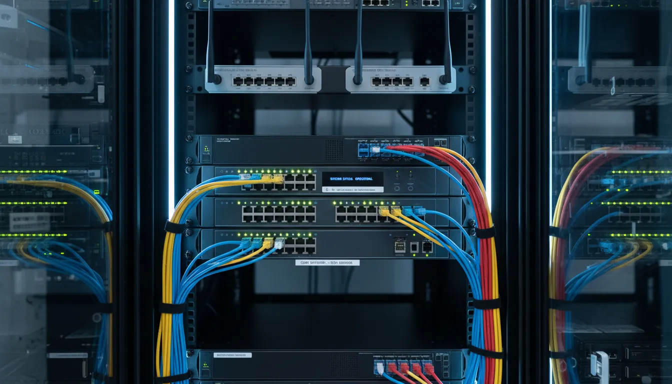 Rack de rede com roteadores atualizados e cabeamento organizado, mostrando infraestrutura de TI moderna.