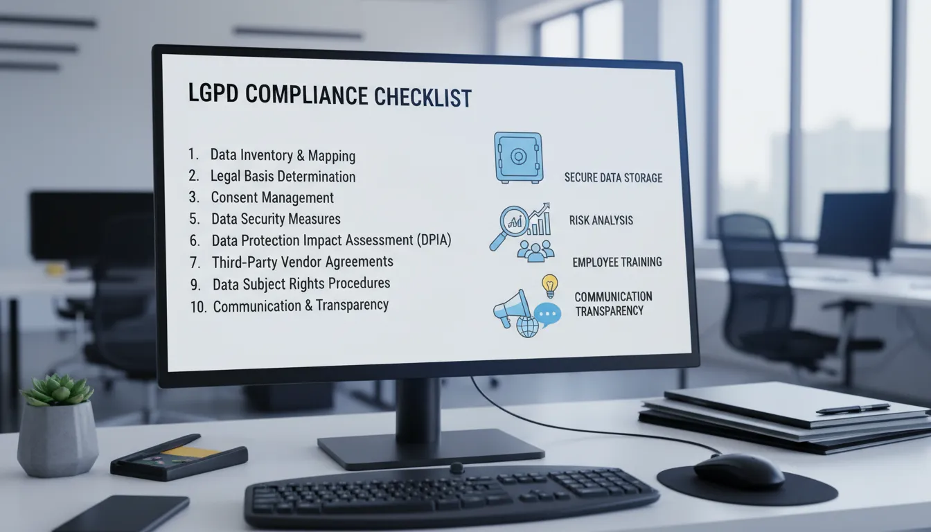 Checklist visual do processo de adequação à LGPD em tela de computador em ambiente de PME