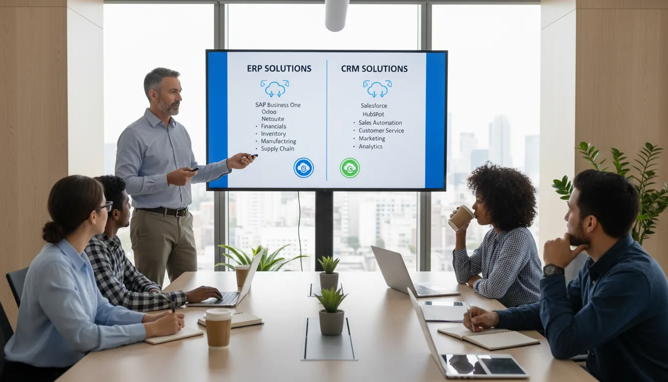 Gestor apresenta comparação de diferentes soluções de ERP e CRM para equipe de PME.