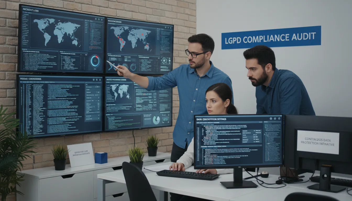 Colaboradores monitorando sistemas para gestão contínua de segurança e conformidade LGPD em PME