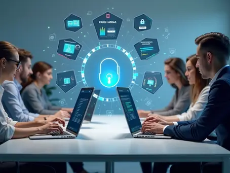 Equipe corporativa utilizando computadores com interface de gestão de senhas segura na tela