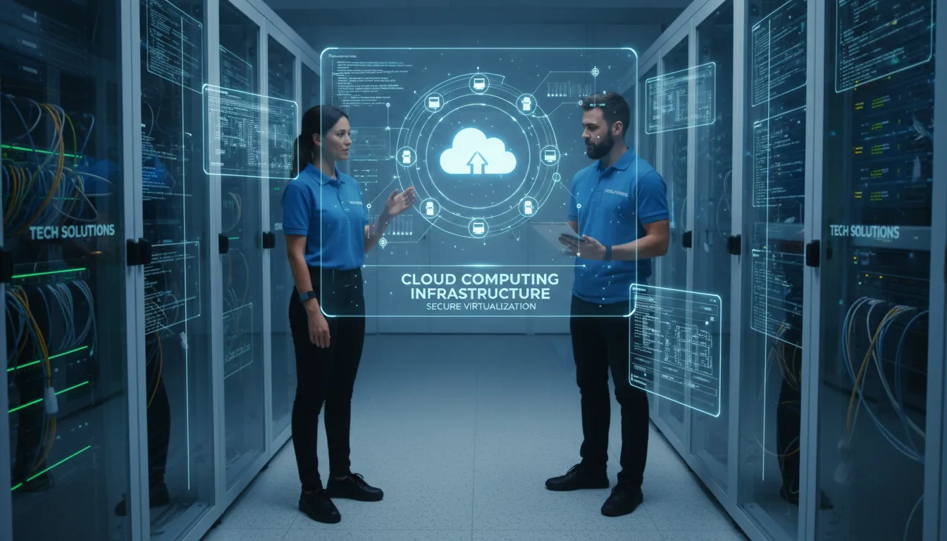 Técnicos de TI gerenciando servidores virtuais e infraestrutura de nuvem em ambiente tecnológico seguro.