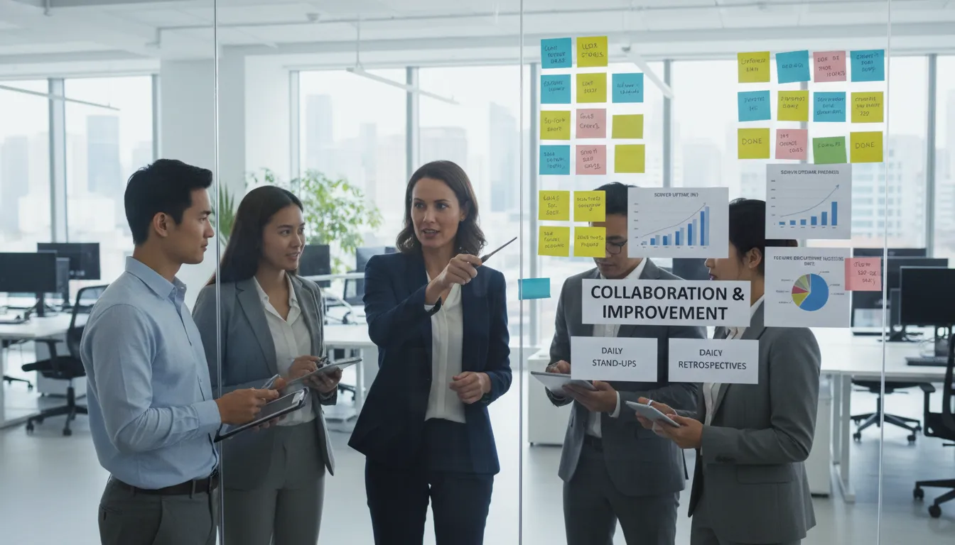 Gestor de TI apresenta painéis de métricas e incentiva colaboração da equipe para melhorias contínuas