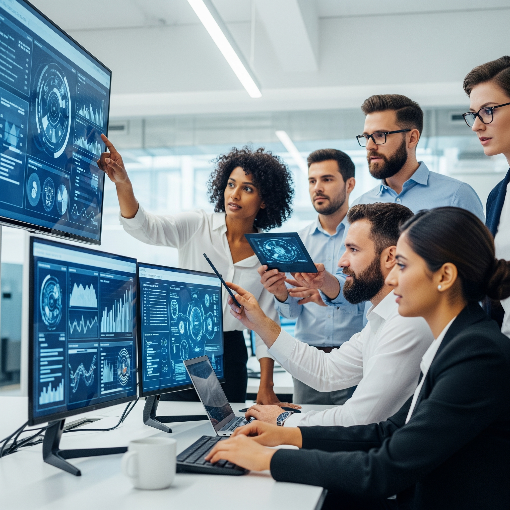 Equipe de TI da Simples Solução colaborando em um escritório moderno, analisando dados em telas para promover a transformação digital.