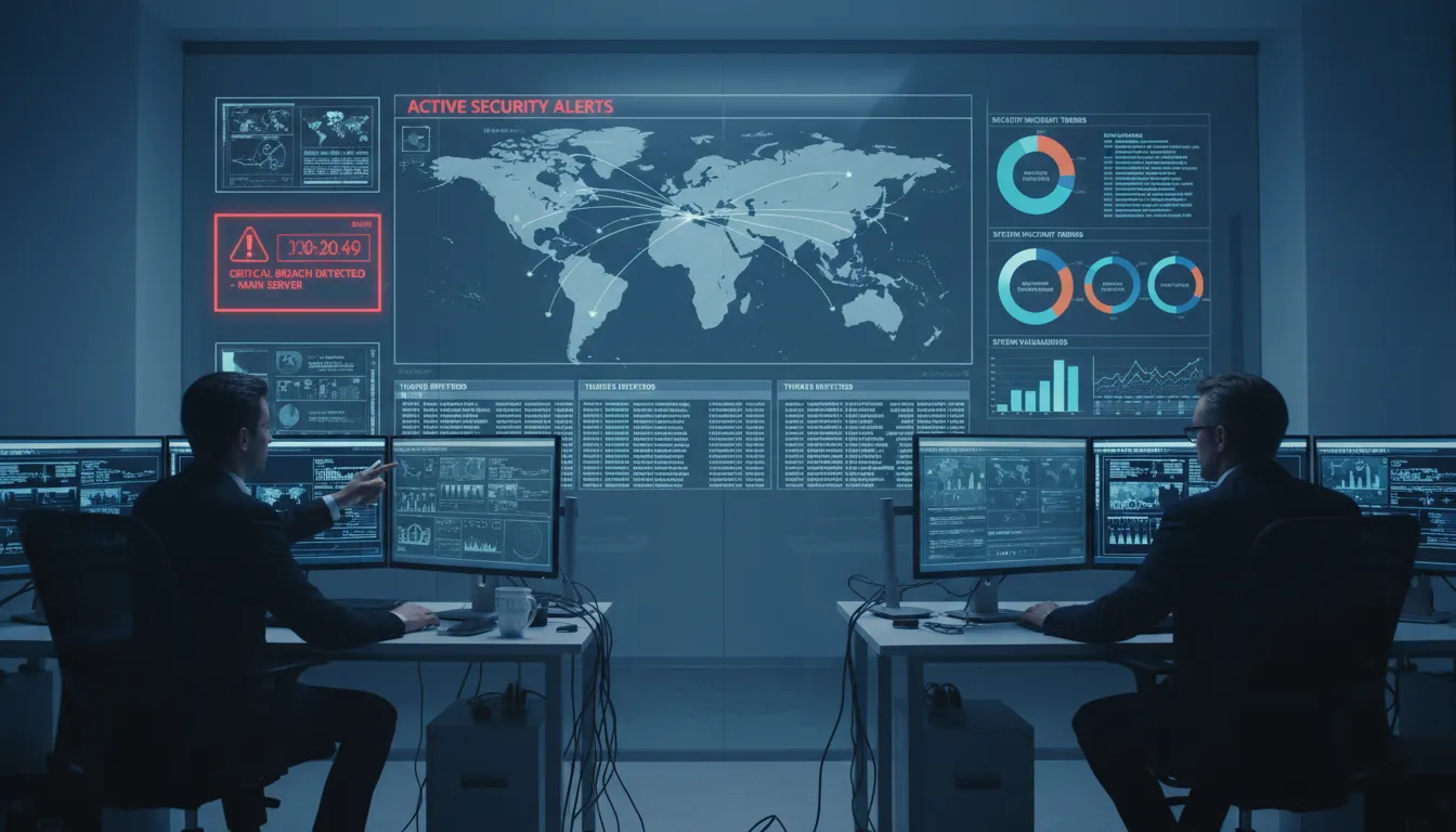 Painel digital de monitoramento de ameaças com analistas de TI acompanhando alertas em tempo real.