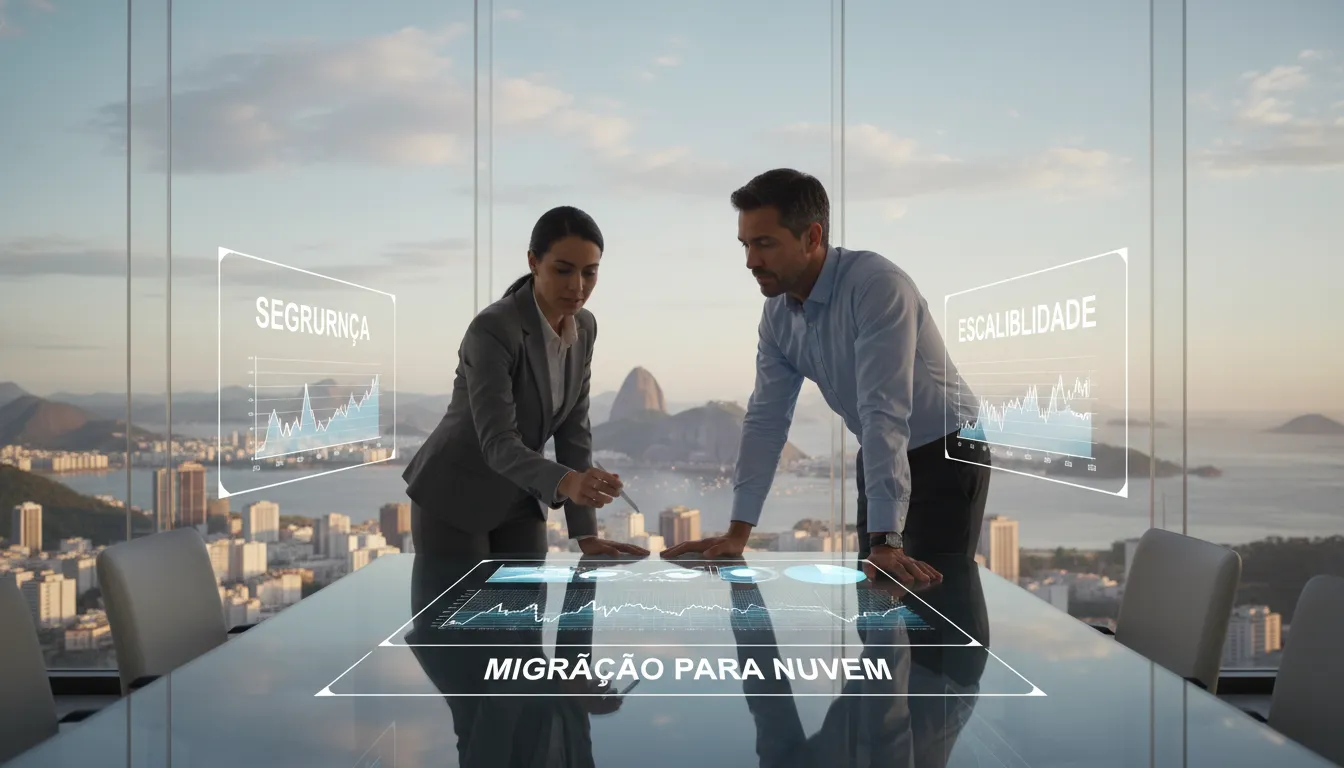 Gestores analisando dados de migração para nuvem em sala com paisagem urbana do Rio de Janeiro ao fundo.