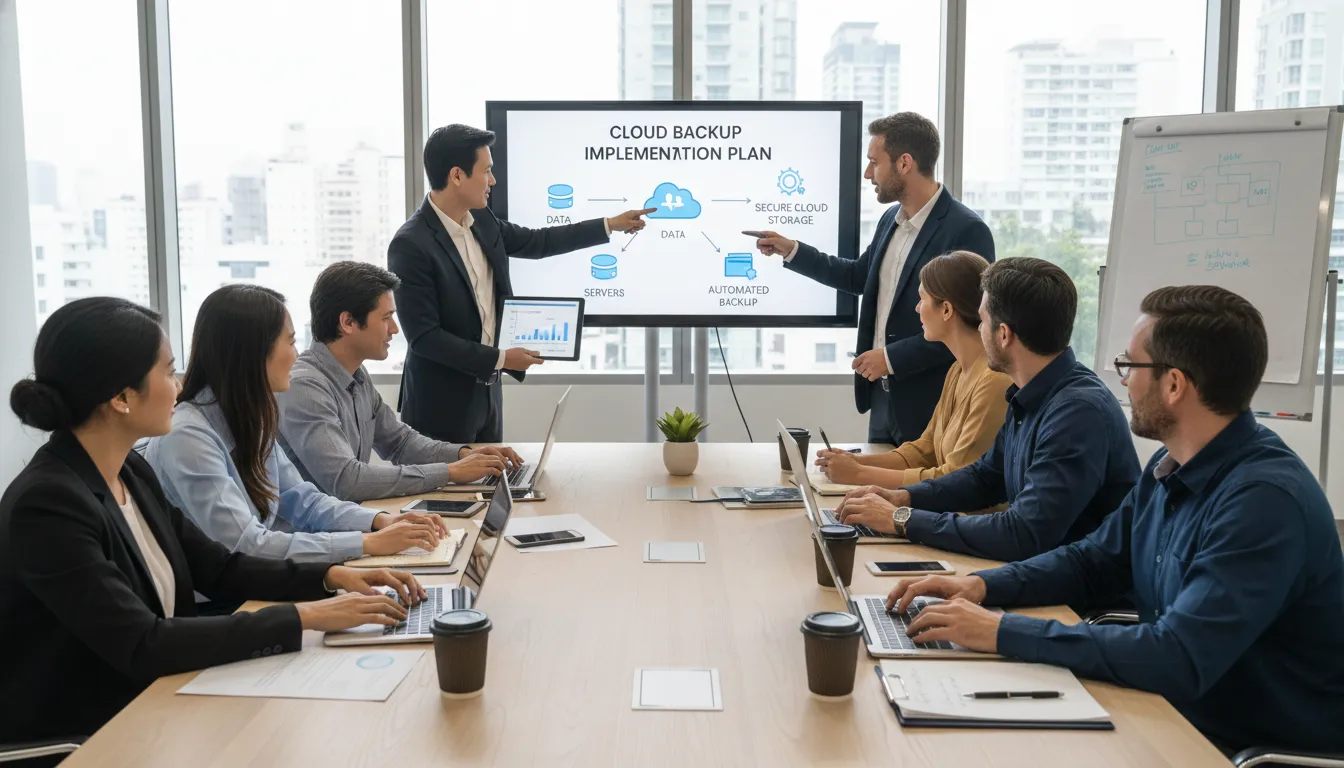 Gestores e equipe de TI planejando backup em nuvem em reunião moderna com notebooks e tablets.