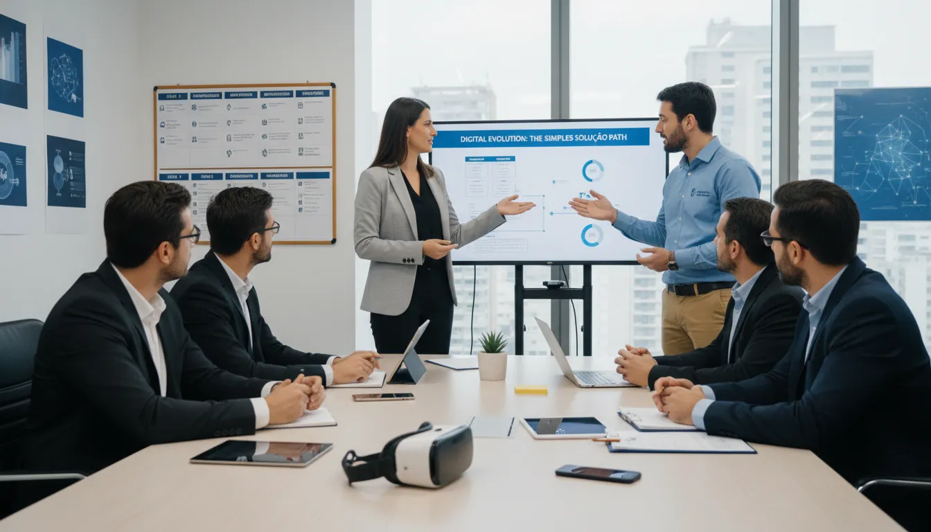 Gestor de PME apresentando roadmap de transformação digital com consultor parceiro e equipe engajada.
