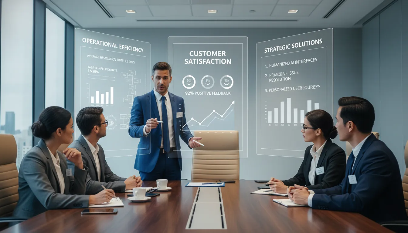 Stakeholders avaliam dashboards digitais com parceiro de TI, alinhando métricas à estratégia do negócio