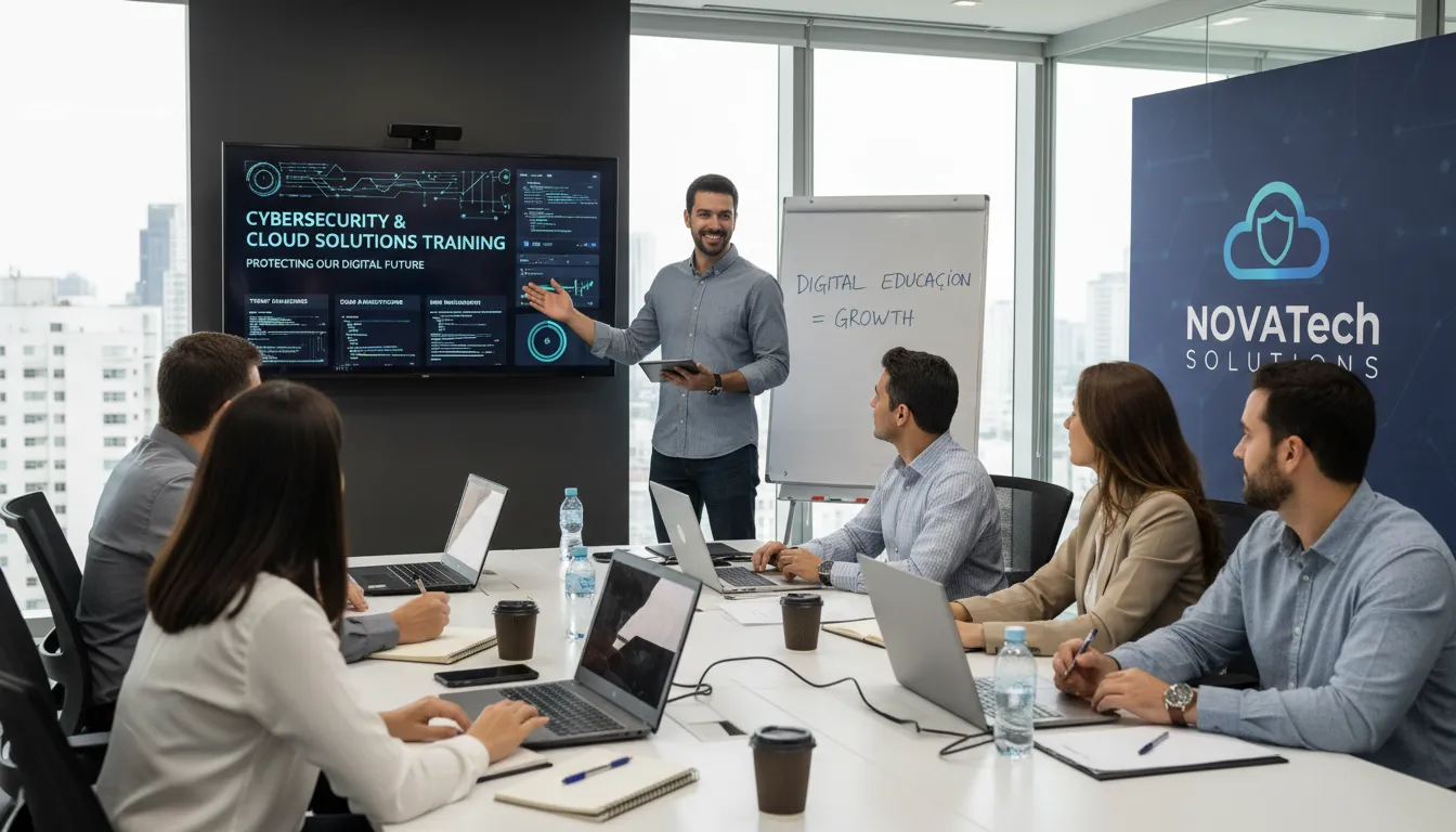 Colaboradores de PME aprendendo sobre segurança digital em treinamento guiado por especialista em TI.