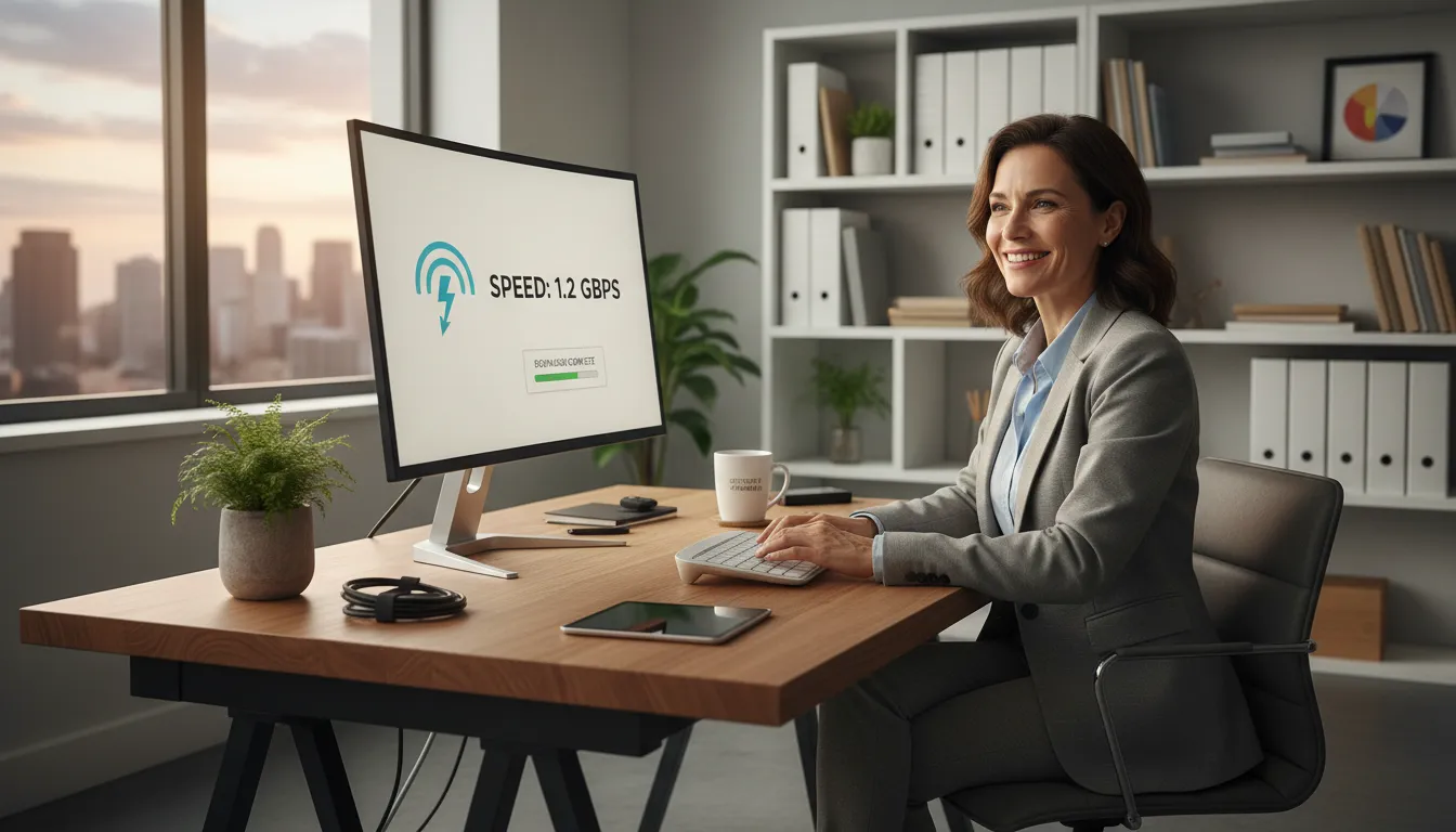 Gestor empresarial satisfeito, trabalhando confortavelmente com uma conexão de internet rápida e estável.