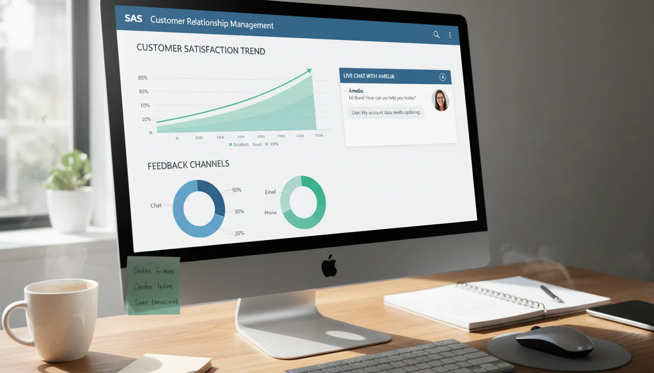 Tela de computador exibe dashboard de CRM SaaS com indicadores e janela de suporte online.