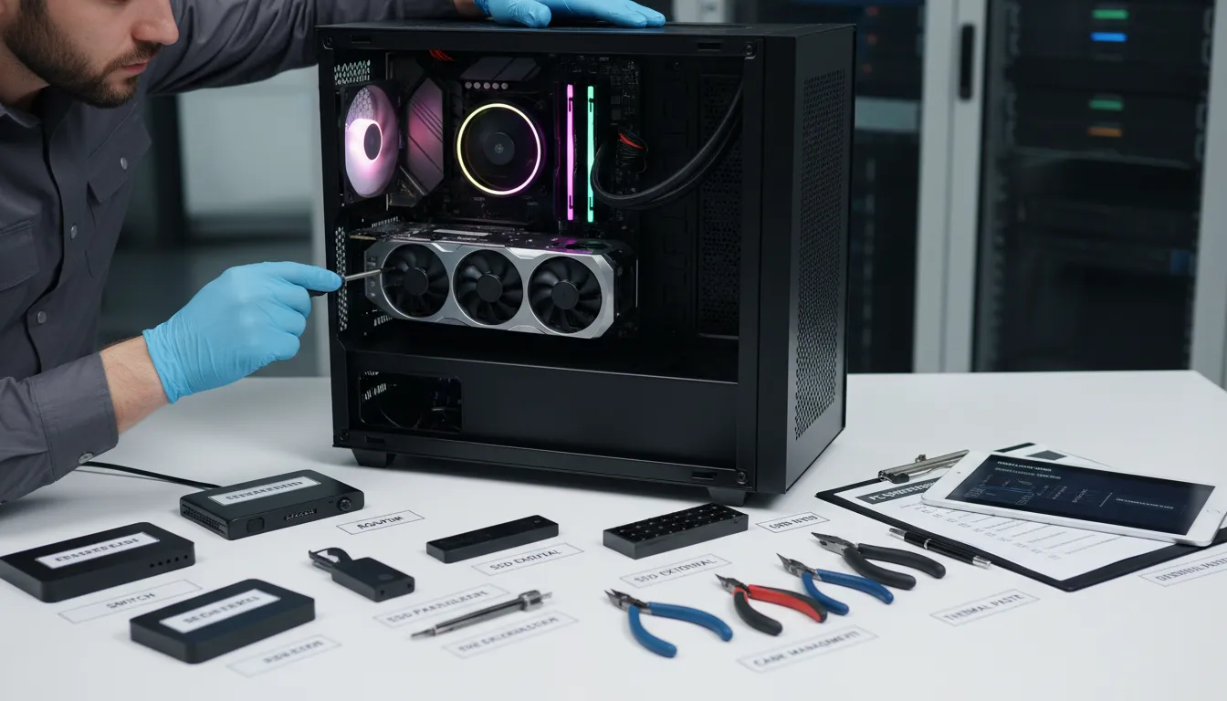 Técnico realizando manutenção de equipamentos de TI com checklist e ferramentas organizadas.