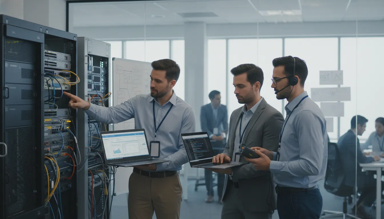 Equipe de TI configurando equipamentos de rede em ambiente corporativo moderno