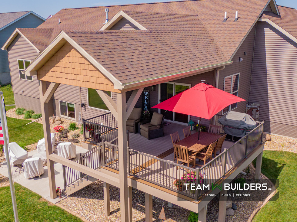 Drone shot of overhang in Cedar Falls with composite deck