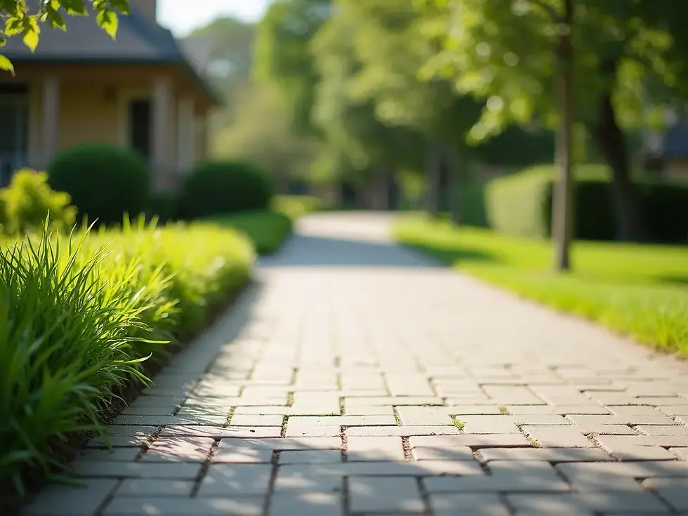 A beautifully clean, paved driveway on a sunny day, with vibrant green bordering plants..w