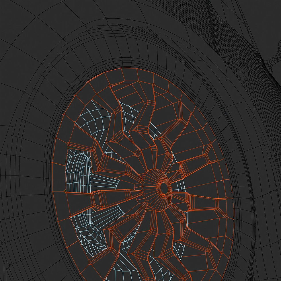 3D wireframe mesh of a car wheel rim and tire.