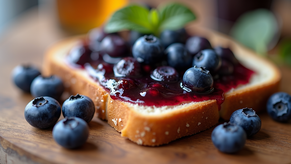 Eye-level view of blueberry jam spread on toast with fresh blueberries on the side