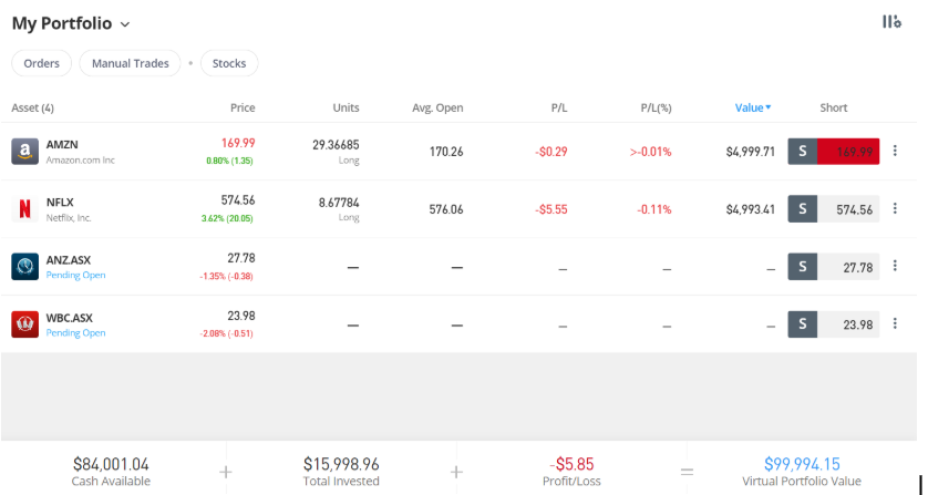 eToro virtual portfolio manager
