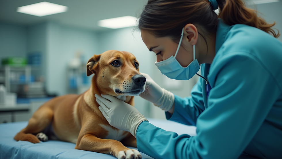 Eye-level view of a veterinarian examining a dog