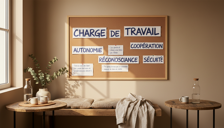Vue à hauteur d’homme d’un tableau mural avec des notes manuscrites sur la charge, l’autonomie et la coopération.