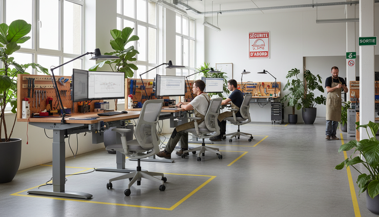 Vue en plongée d’un atelier calme avec des postes de travail ergonomiques et lumineux.