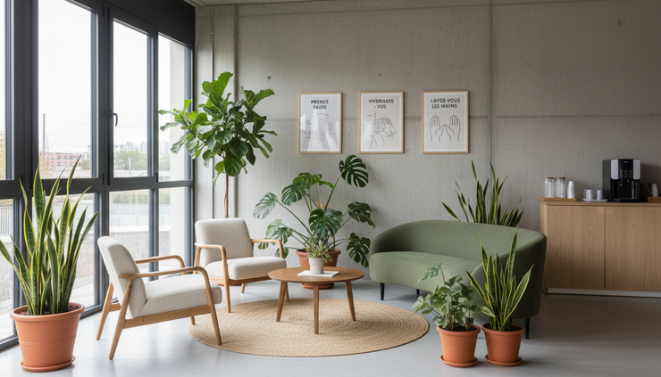 Vue large d’un espace de repos simple avec lumière naturelle, plantes et affichage de prévention santé.