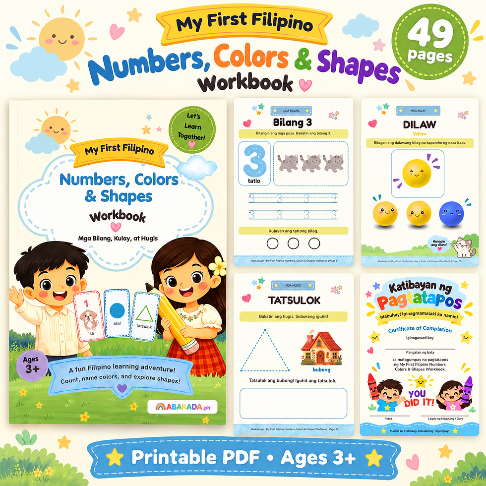 Filipino numbers, colours, and shapes workbook with sample activities and completion certificate