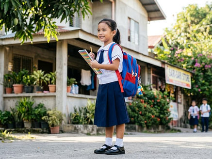 Filipino Grade school girl in uniform holding a notebook and pencil, ready for the new school year