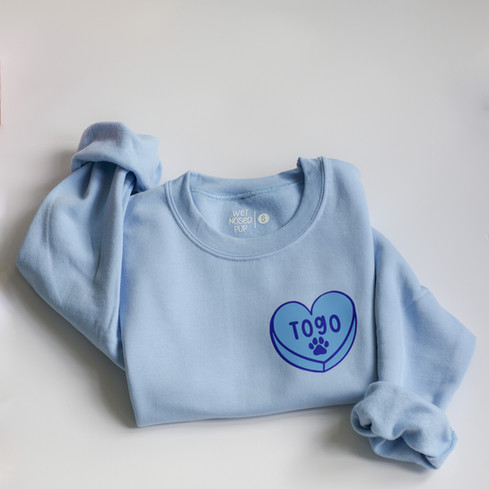 blue sweatshirts with heart on and dog name and paw inside 