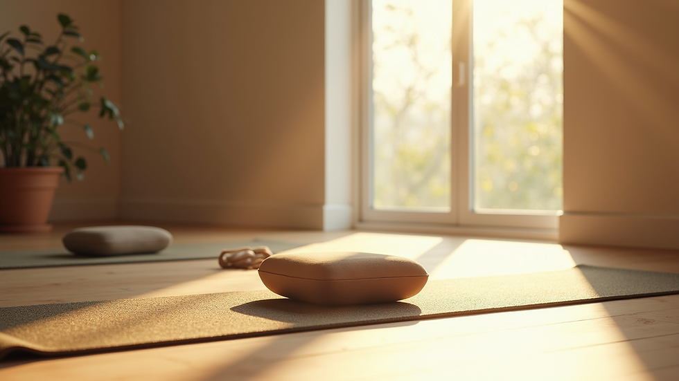 High angle view of a yoga mat and meditation cushion in a sunlit room