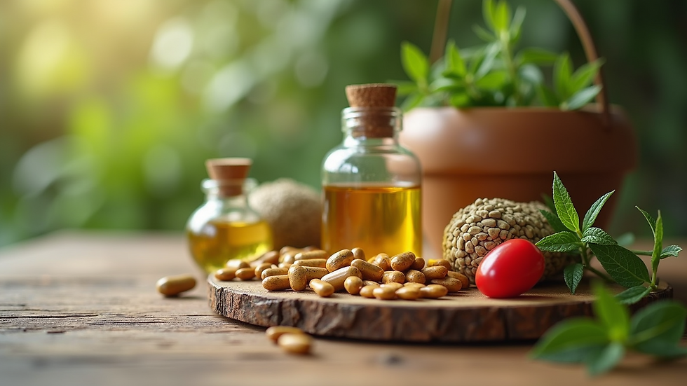 Close-up view of herbal remedies and natural supplements on a wooden table
