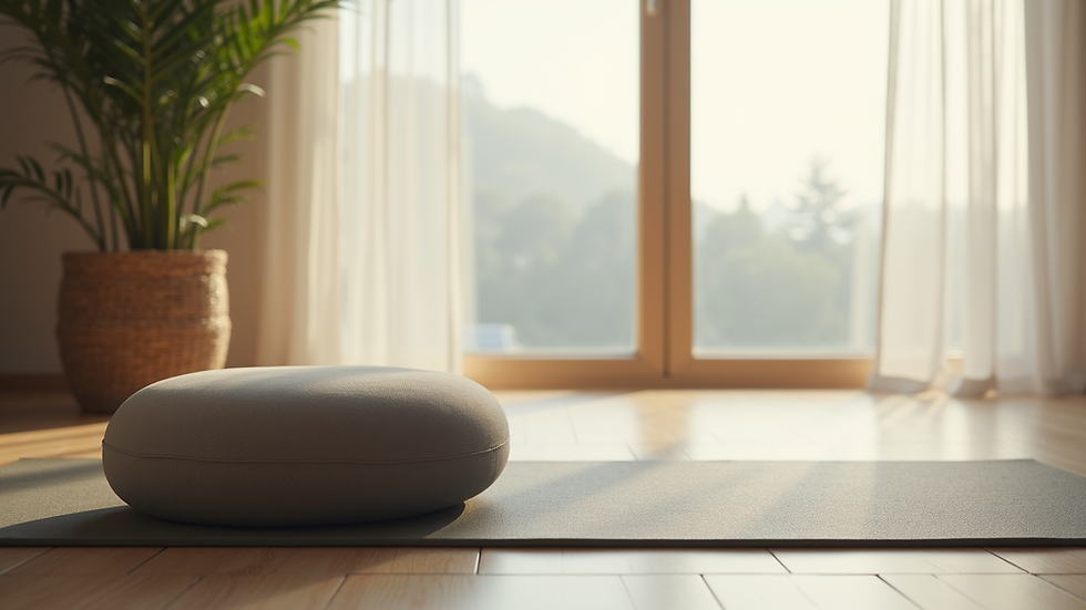 Close-up view of a yoga mat and meditation cushion in a calm studio