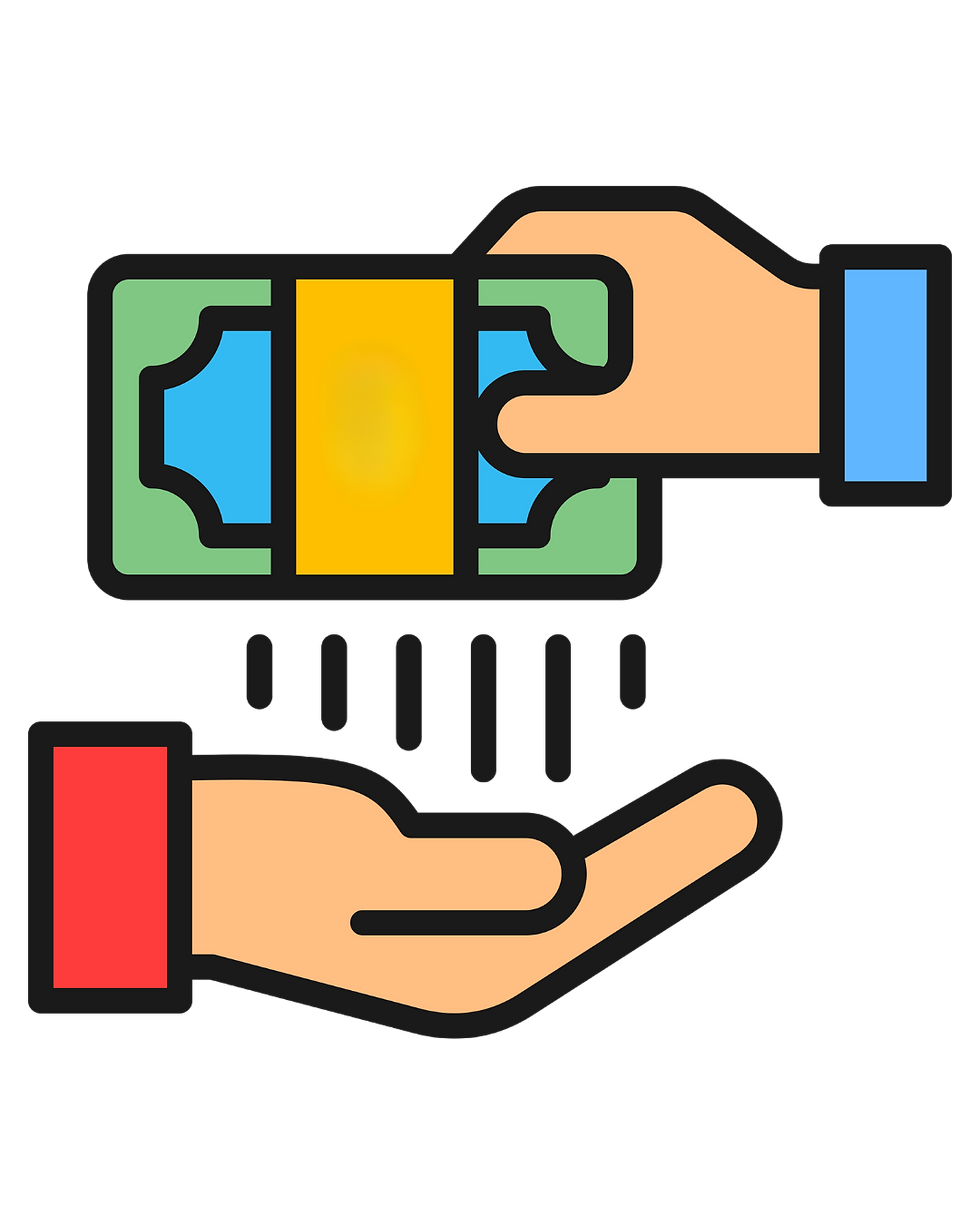 Icon of a hand giving cash to an open palm, with blue, green, yellow, and red accents on a black background