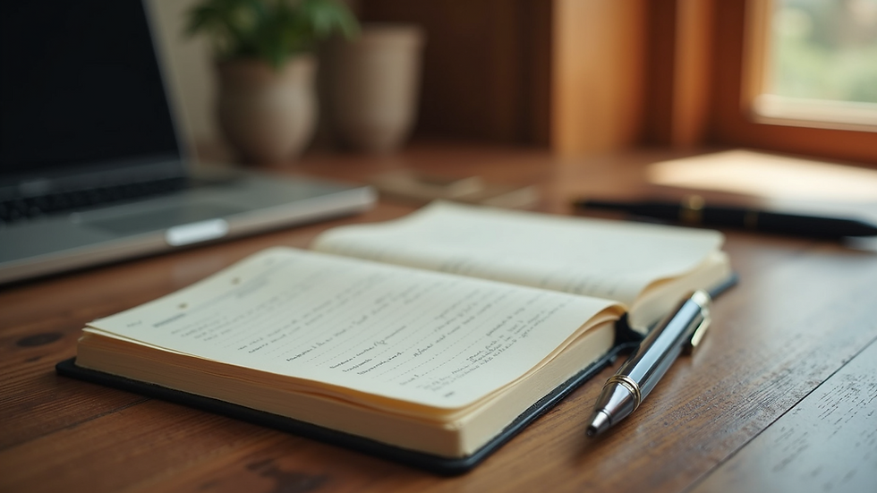 Eye-level view of a journal and pen on a wooden desk
