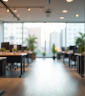 A panoramic view of a modern, renovated office space with natural light, showcasing effici